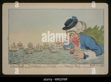 John Bull, der Leviathan des Ozeans; oder die französische Flotte Segeln in der Mündung des Nil! Abstract: Cartoon zeigt John Bull Essen französische Segelschiffe; eine Satire auf die französische Niederlage während des Krieges von der Zweiten Koalition, bezieht sich möglicherweise auf die Schlacht am Nil. Stockfoto