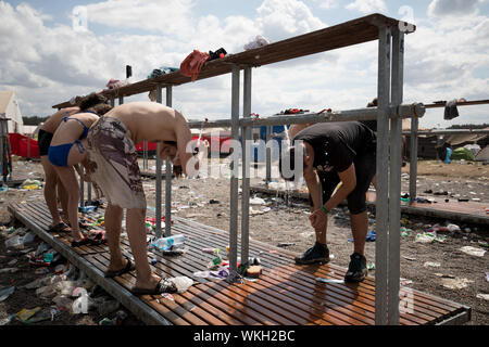 Kostrzyn nad Odra, Polen - 05 August 2018: die Sicht der Menschen auf Camping während Pol und Rock Festival früher Woodstock Festival Stockfoto