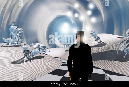 Weiße Ritter. Mann im schwarzen Anzug in surreale Weiße Wüste mit riesigen schachfiguren Stockfoto
