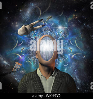 Raum Träume. Astronaut und Sanduhr in endlosen Raum. Mann ohne Gesicht mit strahlenden Geist Stockfoto