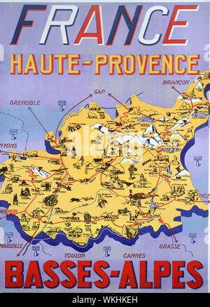 Alte oder Vintage Touristische Karte der Haute Provence, basses-alpes oder Alpes-de-Haute-Provence, Frankreich 1950 Stockfoto