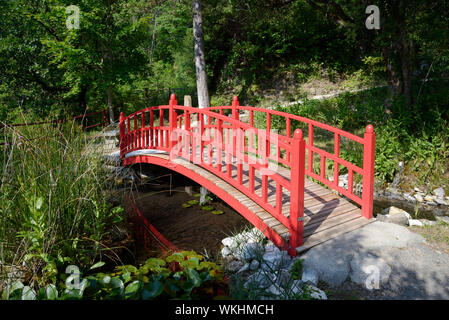 Rote Hölzerne japanische Brücke im Japanischen Garten von Kamaishi Musée Promenade Digne-les-Bains Alpes-de-Haute-Provence Provence Frankreich Stockfoto