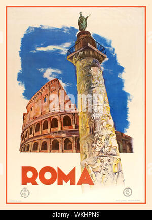 ROM 30er Jahre Vintage Travel Vacation Poster für Rom/Roma herausgegeben von ENIT und italienischen Eisenbahnen, von Roman Coliseum und Column. Italien, 1930er Jahre, ENIT-Agenzia nazionale del turismo, bekannt als Tourismusverband der italienischen Regierung, früher Ente Nazionale Italiano per il Turismo ("Italienische Nationale Agentur für Tourismus") ist der nationale Tourismusverband Italiens. Sie wurde im Jahr 1919 unter der liberal-radischen Regierung von Francesco Saverio Nitti gegründet. ENIT ist verantwortlich für die Förderung des weltweiten Tourismus nach Italien. Stockfoto