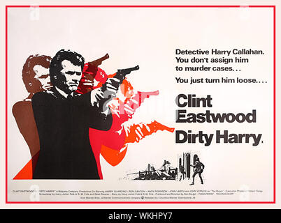 Vintage-Filmplakat Clint Eastwood in ‘Dirty Harry’ Dirty Harry ist ein 1971 in Amerika gedrehter Neo-Noir-Action-Thriller, der von Don Siegel, dem ersten Film der Dirty Harry-Serie, produziert und inszeniert wurde. Clint Eastwood spielt die Titelrolle, bei seinem ersten Auftritt als San Francisco Police Department (SFPD) Inspector 'Dirty' Harry Callahan. Der Film griff auf den realen Fall des Tierkreismörders zurück, als die Callahan-Figur einen ähnlichen bösartigen Psychopathen sucht. *NUR ZUR REDAKTIONELLEN VERWENDUNG* ©️Warner Brothers Stockfoto
