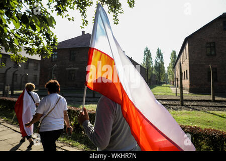 Polen, OSWIECIM-14 August 2019: Personen, die das Polnische Flagge, Weiß und Rot, während die Katholiken gegenüber Vernichtungslager Auschwitz-Birkenau entfernt. Stockfoto