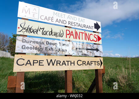 Schilder an balnakeil Craft Village in Durness an der Nordküste 500 touristische fahrende Route im Norden von Schottland, Großbritannien Stockfoto