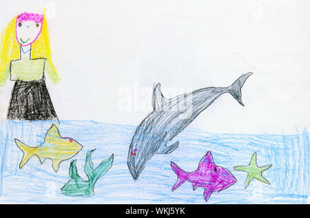 Zeichnung das Kind - Mädchen, Fische und ein Delphin Stockfoto