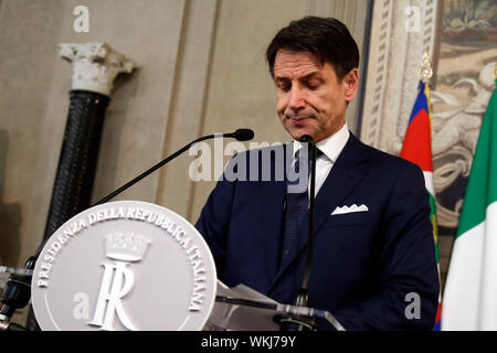 Roma, Italia. 04 Sep, 2019. Giuseppe Conte in Pressekonferenz Rom 4. September 2019. Quirinale. Giuseppe Conte, nach einem kurzen Gespräch mit dem Präsidenten der Republik, akzeptiert die Präsident Mandat Italiens neue Regierung zu bilden. Foto Samantha Zucchi Insidefoto Credit: insidefoto Srl/Alamy leben Nachrichten Stockfoto