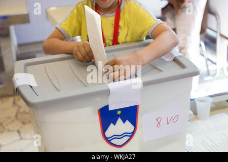 Kleiner Junge demokratischer Wahlen abstimmen. Stockfoto