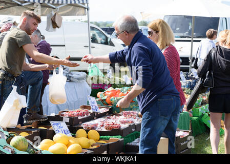 CHELMSFORD, ESSEX/ENGLAND - 1. JUNI 2019 - die Leute, die einen Flohmarkt in Boreham Essex kaufen Obst und Gemüse und können diese auch c kaufen Stockfoto