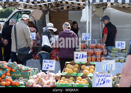 CHELMSFORD, ESSEX/ENGLAND - 1. JUNI 2019 - die Leute, die einen Flohmarkt in Boreham Essex kaufen Obst und Gemüse und können diese auch c kaufen Stockfoto