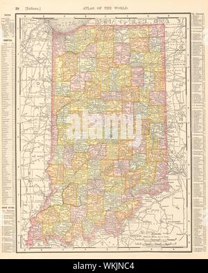 Indiana State map Grafschaften angezeigt. RAND MCNALLY 1906 alte antike Grafik Stockfoto