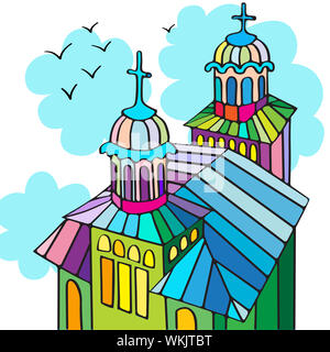 Handgezeichnete Cartoon Illustration einer orthodoxen Kirche bei bewölktem Himmel Stockfoto