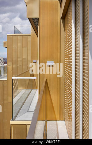 Detail der Fassade aus einer Kupferlegierung. Faraday House an der Battersea Power Station, London, Vereinigtes Königreich. Architekt: dRMM (De Rijke Marsh Morgan Architekten), Stockfoto