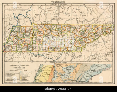 Map of Tennessee, 1870s. Color lithograph Stockfoto