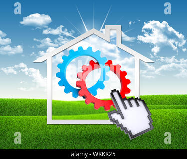 Symbol House mit Getrieben und Computer. Grünes Gras und blauen Himmel als Hintergrund Stockfoto