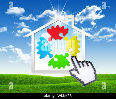 Symbol House mit Getriebe von Puzzles und Computer. Grünes Gras und blauen Himmel als Hintergrund Stockfoto