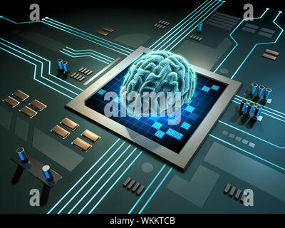 Digitale Gehirn auf eine gedruckte Schaltungen. 3D-Darstellung. Stockfoto