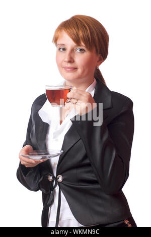 Young Business Frau mit Teepause auf Weiß isoliert Stockfoto