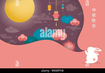 Mid Autumn Festival. Chuseok koreanischen, chinesischen Formulierung übersetzung Mitte Herbst. Vektor Banner, Hintergrund und Poster mit mooncake, Kaninchen Stock Vektor