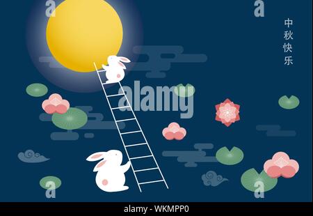 Mid Autumn Festival. Chuseok koreanischen, chinesischen Formulierung übersetzung Mitte Herbst. Vektor Banner, Hintergrund und Poster mit mooncake, Kaninchen Stock Vektor