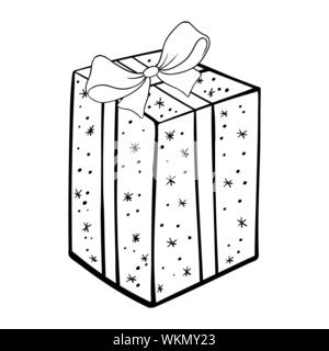 Geschenk Box Hand gezeichnet Vector Illustration. Geburtstag, Jubiläum, Weihnachten feier Schwarzweiß-Symbol. Geschenk mit Schleife Knoten in Geschenkpapier mit Schneeflocken Muster einfärben Bild Stock Vektor