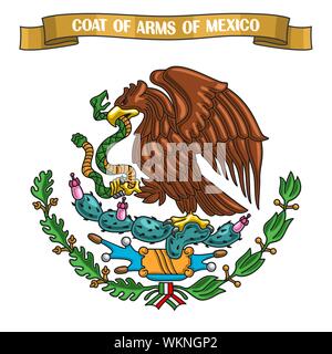 Vector Illustration auf Thema der Mexikanischen Wappen, heraldische Schild mit nationalen Wahrzeichen und Symbol von Mexiko - Golden Eagle, auf Band Titel Stock Vektor