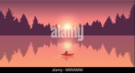 Lonely Kanu Abenteuer mit Red Boat wald landschaft bei Sonnenaufgang Vektor-illustration EPS 10. Stock Vektor