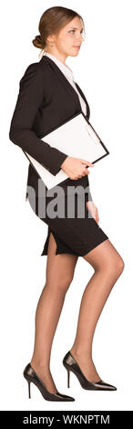 Business woman halten Papierhalter gehen Sie zu Fuß die Step Up Side glückliches Lächeln Stockfoto