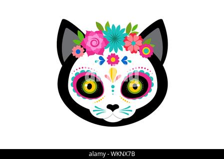Tag der Toten, Dia de los moertos, süße Katze Kopf Schädel und Skelett mit bunten mexikanischen Elementen und Blumen dekoriert. Fiesta, Halloween, Urlaub Stock Vektor