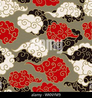 Chinesische Wolken Rauch Vektor nahtlose Muster. Japanisch, orientalischen Stil Textil Ornament. Golden Umrisse wirbelt, locken, Hintergrund. Red Asiatischen traditionellen Feiertage Postkarte Kulisse, schwarze Textur Stock Vektor