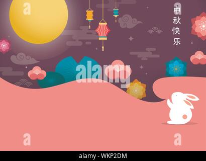 Mid Autumn Festival. Chuseok koreanischen, chinesischen Formulierung übersetzung Mitte Herbst. Vektor Banner, Hintergrund und Poster mit mooncake, Kaninchen Stock Vektor
