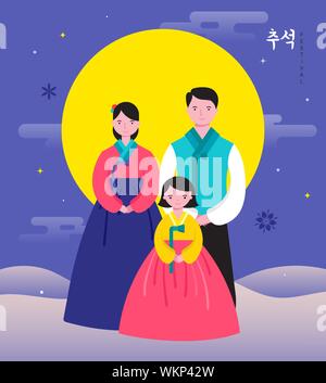 Mid Autumn Festival. Chuseok, chinesische Wortlaut übersetzung Mitte Herbst. Vektor Banner, Hintergrund und Poster mit mooncake, glückliche Familie. Vektor Stock Vektor