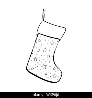 Weihnachten Socke Hand gezeichnet Vector Illustration. Leere xmas Stocking für Geschenke. Warme Schuhe mit Sternen Muster schwarze und weiße Zeichnung. Winterurlaub Tradition, das neue Jahr feier Attribut Stock Vektor