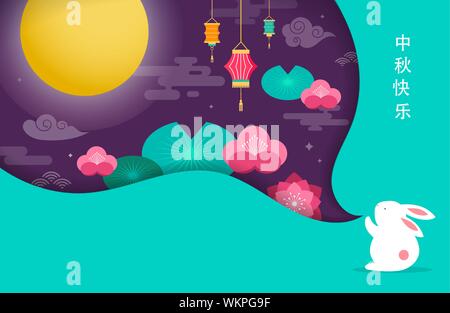 Mid Autumn Festival. Chuseok koreanischen, chinesischen Formulierung übersetzung Mitte Herbst. Vektor Banner, Hintergrund und Poster mit mooncake, Kaninchen Stock Vektor