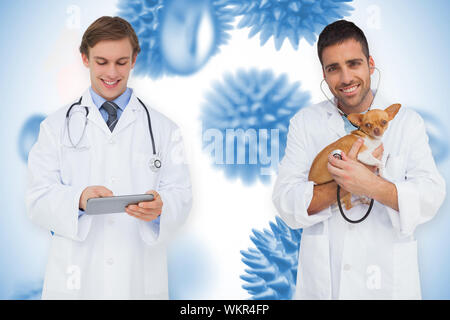 Das zusammengesetzte Bild der glücklichen Arzt und Tierarzt mit Stethoskop gegen den blauen Virus Zellen Stockfoto