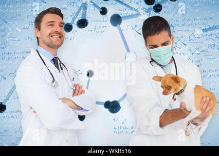 Das zusammengesetzte Bild der glücklichen Arzt und Tierarzt gegen Noten von Biotechnologie und Gene Stockfoto
