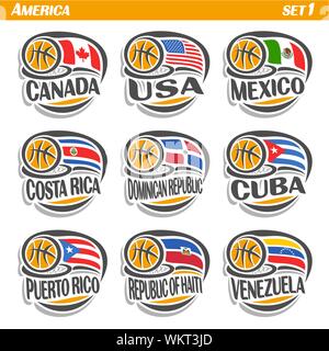 Vektor einrichten von Flaggen amerikanische Länder mit Basketball Ball, Symbole mit Flaggen und orange Ball im Korb fliegen. Stock Vektor