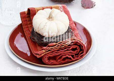 Schöner Tisch set mit weißen Kürbisse und natürliche Produkte für ein Herbst Essen bereit. Stockfoto