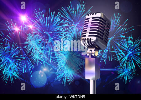 Retro chrom Mikrofon gegen digital erzeugten hell Feuerwerk design Stockfoto