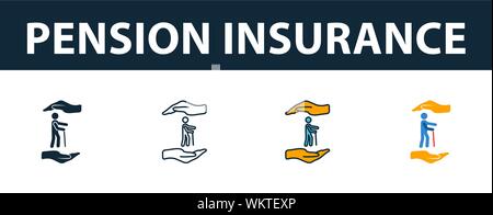 Rentenversicherung Icon Set. Vier Elemente in verschiedenen Stilrichtungen von Versicherung icons Collection. Kreative Rentenversicherung Icons, Umriss Stock Vektor