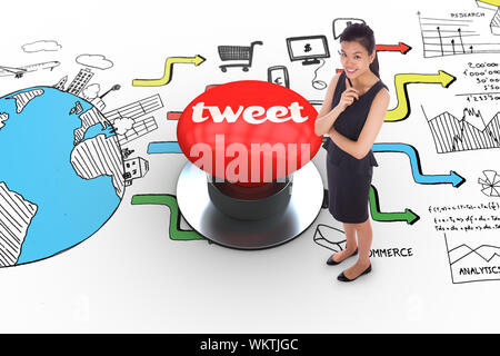 Das Wort Tweet und durchdachte Geschäftsfrau gegen digital erzeugten roten Druckknopf Stockfoto