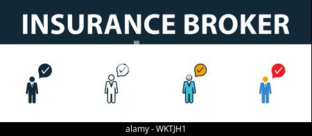 Versicherungsmakler Icon Set. Vier Elemente in verschiedenen Stilrichtungen von Versicherung icons Collection. Kreative Versicherungsmakler Icons, Outline, farbig Stock Vektor