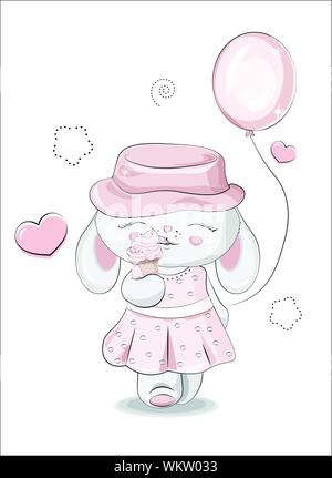 Das schöne Mädchen Honey Bunny, Kaninchen, in ein rosa Kleid und einem Hut, mit einem Ballon und Eis. Können für den t-shirt Druck verwendet werden, Kinder tragen Mode desi Stock Vektor