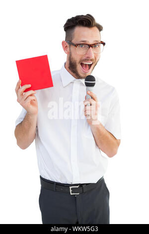 Hipster Geschäftsmann eine Rede auf weißem Hintergrund Stockfoto