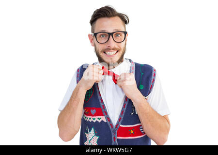 Geeky hipster tragen Weihnachten Weste auf weißem Hintergrund Stockfoto