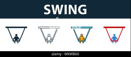 Swing Icon Set. Vier Elemente in verschiedenen Stilrichtungen von baby Sachen icons Collection. Kreative swing Icons, Outline, Farben und Symbole Stock Vektor