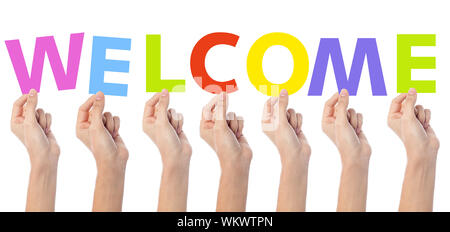 Verschiedenen Handen Mit Bunten Worte Herzlich Willkommen Stockfotografie Alamy