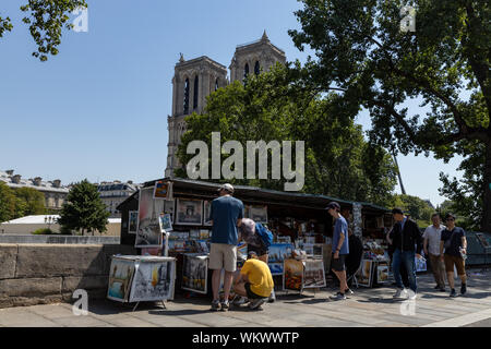 Paris, Frankreich, 27. Juni 2019: Touristen noch den Besuch der Münster Notre-Dame de Paris im Bau und Sanierung laufende Rebuild Stockfoto