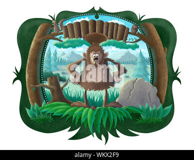 Cartoon Illustration eines Design / Zeichen leer mit einem sasquatch steht in einem Wald. Stockfoto